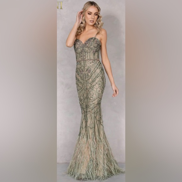 Terani couture Spaghetti Strap Long Beaded Dress with feathers taupe –2221GL0415 - Picture 2 of 2